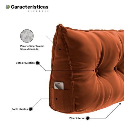 Almofada Para Cabeceira Encosto Apoio Lombar Spot 195cm Com Porta Celular Veludo - Abmaza Terracota