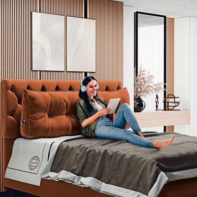 Almofada Para Cabeceira Encosto Apoio Lombar Spot 195cm Com Porta Celular Veludo - Abmaza Terracota