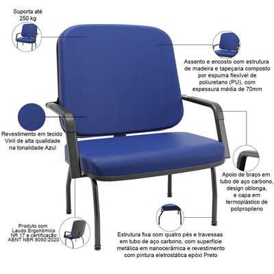 Cadeira De Escritório Recepção Com Braço Fixa Preta Magno P03 Vinil Azul - Lyam Decor