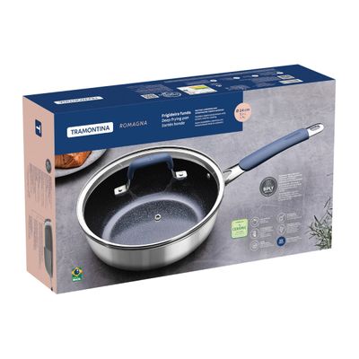 Frigideira Funda Tramontina Romagna Aço Inox Revestimento Cerâmico 24 cm 3,1 L com Tampa de Vidro