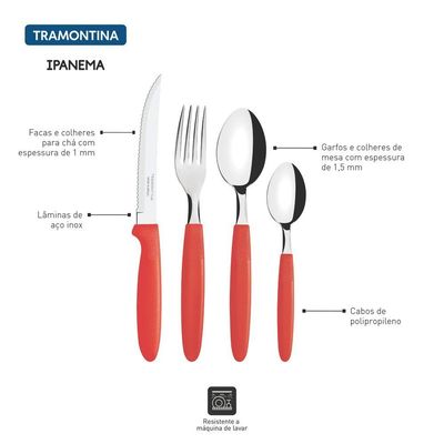 Faqueiro Tramontina Ipanema com Laminas em Aço Inox e Cabos de Polipropileno Vermelho com Pote Plastico 24 Peças