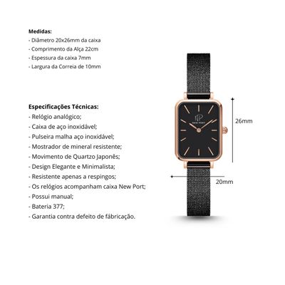 Relógio Feminino Preto Quadrado Elegante Casual New Port