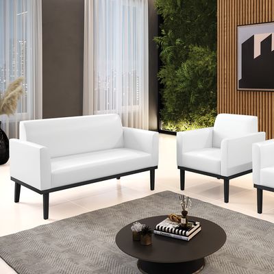 Sofá Namoradeira com Poltrona Base de Madeira Fixa Preto Marisa Corano Branco