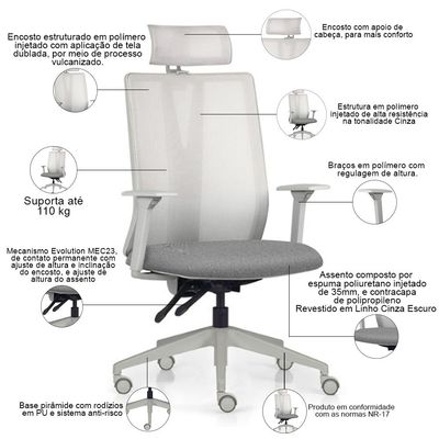 Cadeira Escritório Giratória Presidente Flow F02 Base Cinza Linho Cinza Escuro - Lyam Decor