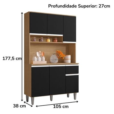 Kit Cozinha Compacta 6 Portas 105 Cm Marcia Amendoa Preto Reajl Moveis Amendoa Preto