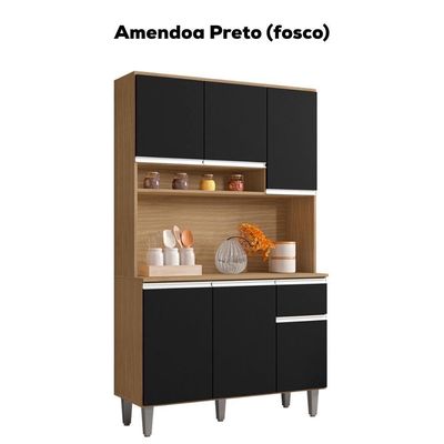 Kit Cozinha Compacta 6 Portas 105 Cm Marcia Amendoa Preto Reajl Moveis Amendoa Preto