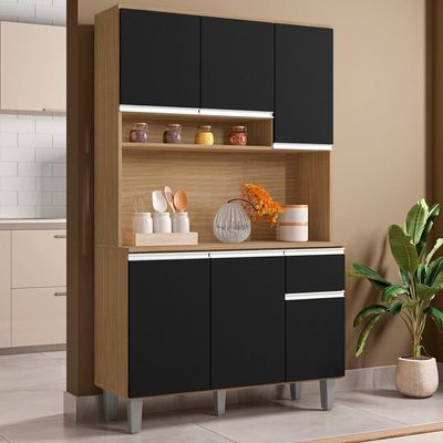 Kit Cozinha Compacta 6 Portas 105 Cm Marcia Amendoa Preto Reajl Moveis Amendoa Preto