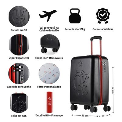 Mala de Bordo 10kg ABS 4 Rodas Flamengo CRF Oficial Preta e Vermelho P / Preto
