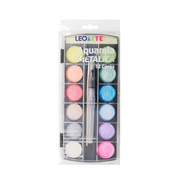 Aquarela Escolar Leonora Pastilhas de Tintas Metalizadas 12 Cores e 1 Pincel Artístico Aquarela Escolar Leonora Pastilhas de Tintas Metalizadas 12 Cores e 1 Pincel Artístico