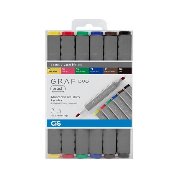 Marcador Artístico Cis Duo Brush Pontas Pincel e Chanfrada com 6 Cores Vibrantes