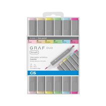 Marcador Artístico Cis Duo Brush Pontas Pincel e Chanfrada com 6 Cores Tons Pastel