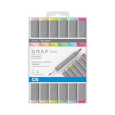 Marcador Artístico Cis Duo Brush Pontas Pincel e Chanfrada com 6 Cores Tons Pastel