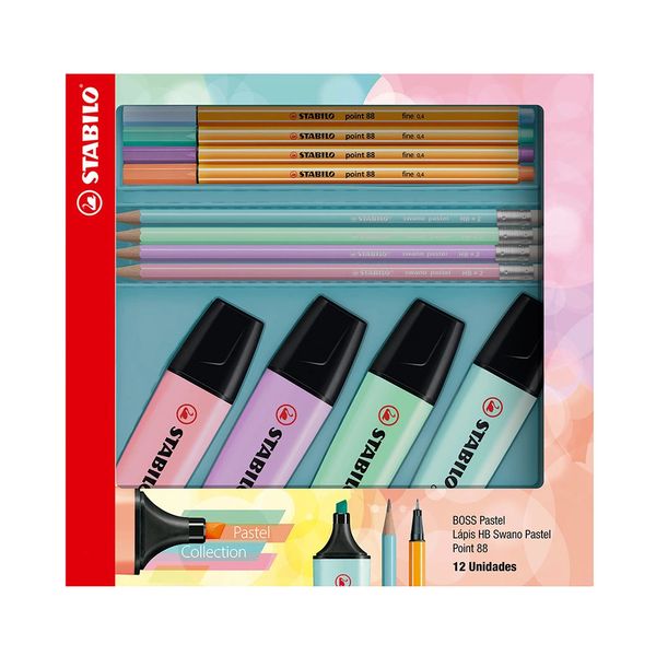 Kit Marcadores de Texto 4 Stabilo Boss + 4 Canetas Fine + 4 Lápis Grafites HB Tons Pastel