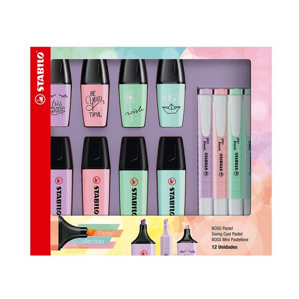 Kit Marcadores de Texto 4 Stabilo Boss + 4 MiniLove + 4 Marcadores Swing Tons Pastel