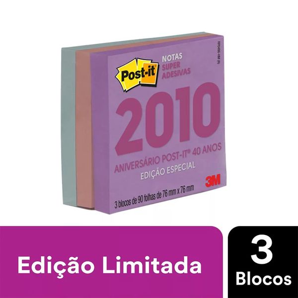 Bloco Adesivo Post It 3M Coleção Anos 2010 com 3 Blocos Color 76x76mm 90 Folhas