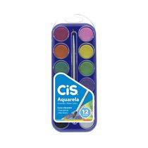Aquarela Escolar Cis Estojo com Pastilhas de Tintas 12 Cores com 1 Pincel Artístico