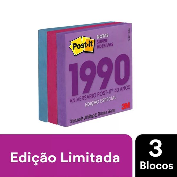 Bloco Adesivo Post It 3M Coleção Anos 90 com 3 Blocos Color 76x76mm 90 Folhas