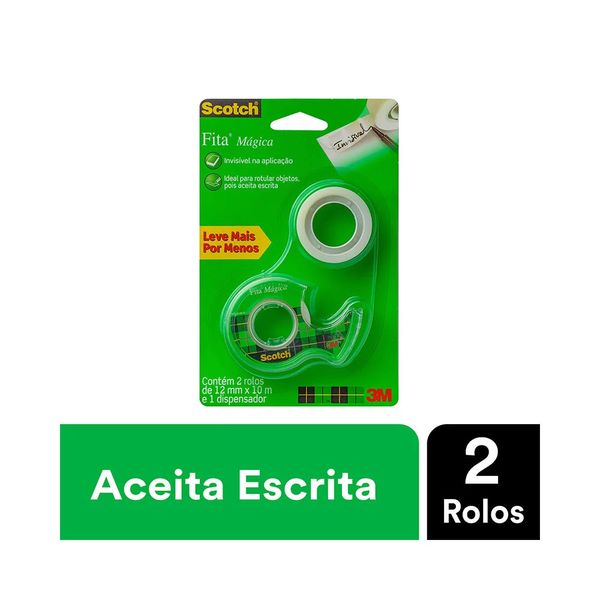 Fita Adesiva Mágica Scoth 3M 12mmx10m com 2 Rolos e Dispensador