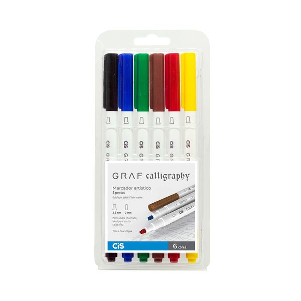 Marcador Artístico Cis Calligraphy Ponta Dupla Chanfrada 3.5mm -2mm com 6 Cores Vibrantes