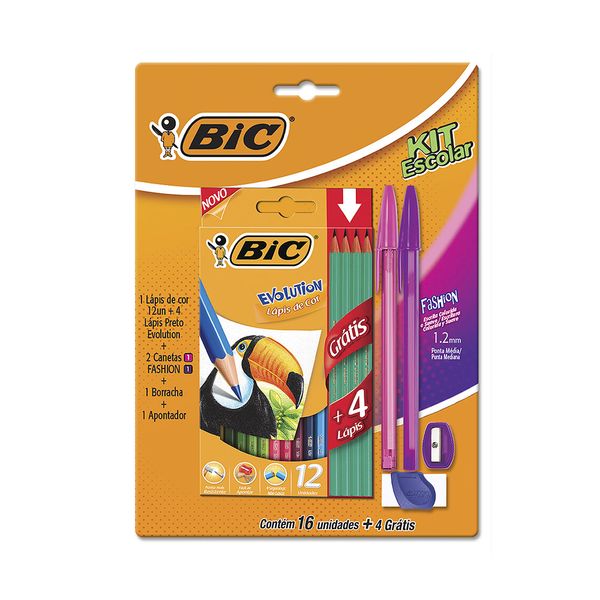 Kit Escolar Bic com 12 Lápis de Cores Evolution, 4 Lápis HB, 2 Canetas Fashion Rosa e Lilás