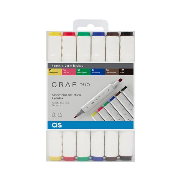 Marcador Artístico Cis Grafite Duo Pontas Redonda Fine e Chanfrada Larga com 6 Cores Vibrantes Marcador Artístico Cis Grafite Duo Pontas Redonda Fine e Chanfrada Larga com 6 Cores Vibrantes