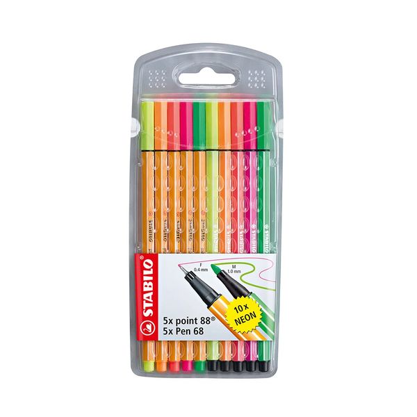 Caneta Hidrográfica Stabilo Point 88 Estojo Fine 0.4mm com 10 Unidades Cores Neon
