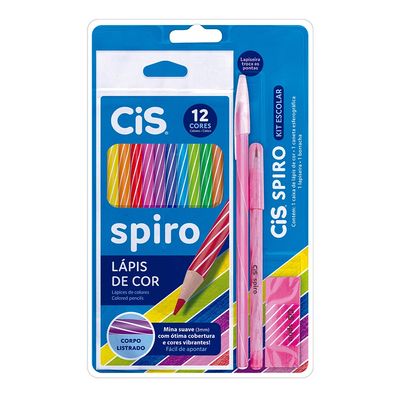 Kit Escolar Cis Spiro Rosa com Lápis de Cor + Caneta + Lapiseira + Borracha