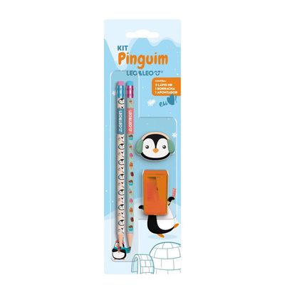 Kit Escrita Leonora Pinguim com 2 Lápis Grafites HB Nº2 + 1 Borracha + 1 Apontador