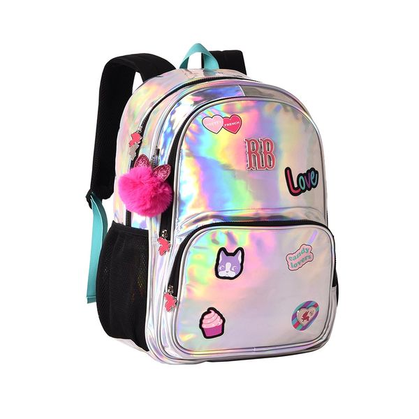 Mochila Teen Clio Style Rebecca Bonbon Holográfica com Chaveiro Pompom 17,5