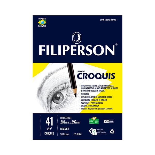 Bloco de Desenho Filiperson Croquis A4 com 50 Folhas Branco 210x297mm 41g