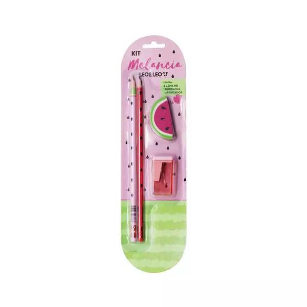 Kit Escrita Leonora Melancia 2 Lápis Grafites HB Nº2, 1 Borracha e 1 Apontador