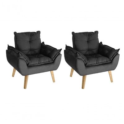 Kit 02 Poltrona Cadeira Decorativa Glamour Com Pés Quadrado Preto