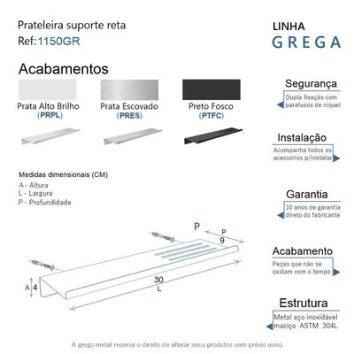 Prateleira Suporte Reto Para Banheiro Escovado Grega Aço Inox 30cm