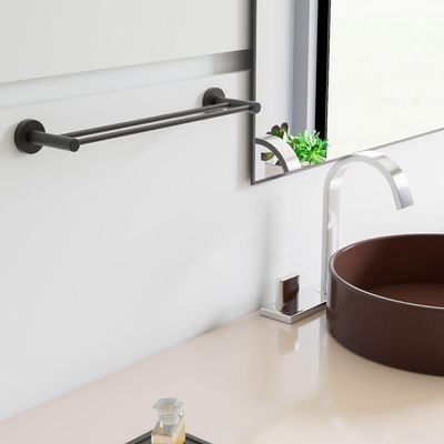 Porta Toalha Toalheiro Duplo Para Banheiro Preto Fosco Atenas 45cm