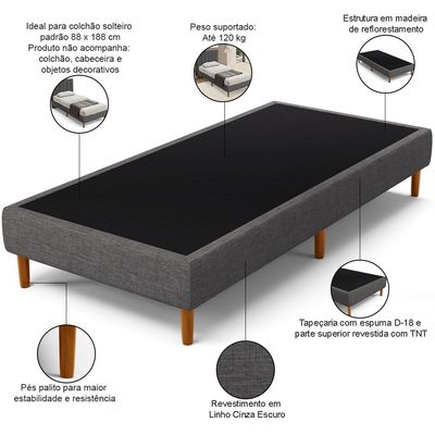 Base Para Cama Box Solteiro 88cm Sleep W01 Linho Cinza Escuro - Lyam Decor