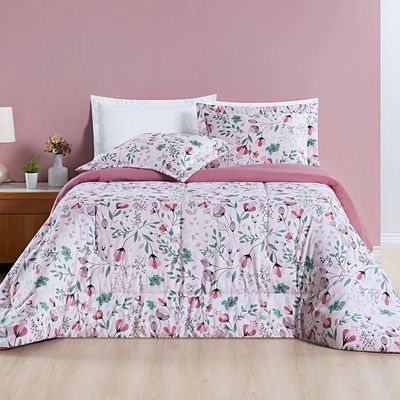 Kit Edredom Cobertor Celi King Dupla Face Micropercal Estampado 200 Fios 3 Peças Bothanica Floral Rosa