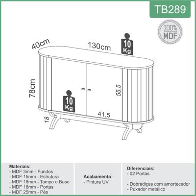 Balcão Buffet Curvo em MDF 2 Portas Freijó/Preto Fosco 130 cm TB289 Dalla Costa