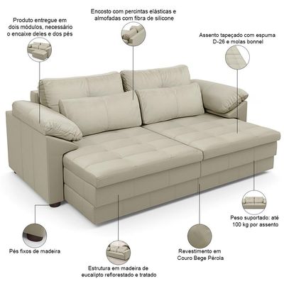 Sofá Retrátil Para Sala de Estar 3 Lugares 215cm Riza S03 Couro Bege Pérola - Lyam Decor