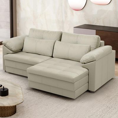 Sofá Retrátil Para Sala de Estar 3 Lugares 215cm Riza S03 Couro Bege Pérola - Lyam Decor