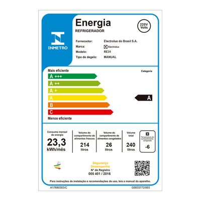 Geladeira Electrolux Cycle Defrost 240L Degelo Prático Uma Porta Branca (RE31) 220V
