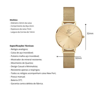 Relógio Feminino Dourado Delicado Casual Elegante New Port