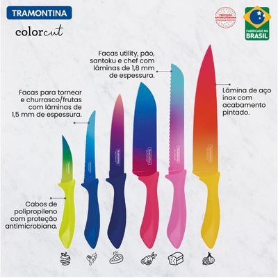 Jogo de Facas Tramontina Colorcut com Lâminas em Aço Inox e Cabos de Polipropileno Pintado 06 Peças