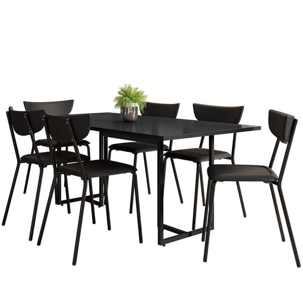 Mesa de Jantar Maldiva Industrial Preto F01 com 06 Cadeiras Fixa Empilhável Bit Preto - Lyam Decor