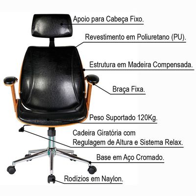 Cadeira de Escritório Presidente Giratória com Regulagem de Altura Akon PU Sintético Preto - Gran Belo