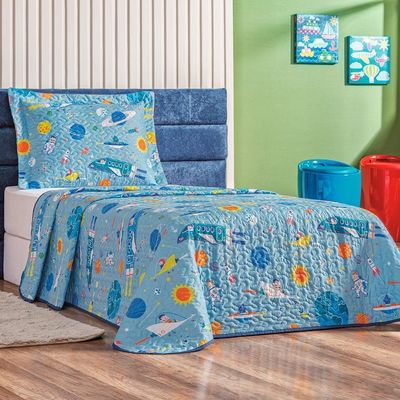 Enxoval Kit Colcha + Jogo De Cama Lençol Bouti Solteiro Infantil Kids 4 Peças - Astronauta