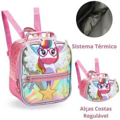 Lancheira Térmica Infantil Escolar Menina Unicórnio Rosa Denlex