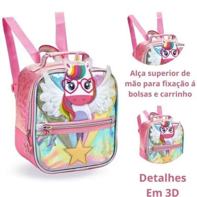 Lancheira Térmica Infantil Escolar Menina Unicórnio Rosa Denlex