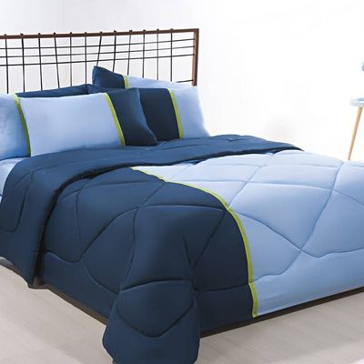 Enxoval Edredom + Jogo De Cama Queen Aconchego Premium 06 Peças - Azul/ Marinho