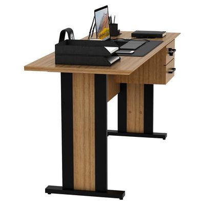 Mesa De Escritorio 2 Gavetas E Chave 160 Cm Me4193 Amendoa Preto Tecno Mobili Amendoa Preto