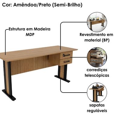 Mesa De Escritorio 2 Gavetas E Chave 160 Cm Me4193 Amendoa Preto Tecno Mobili Amendoa Preto